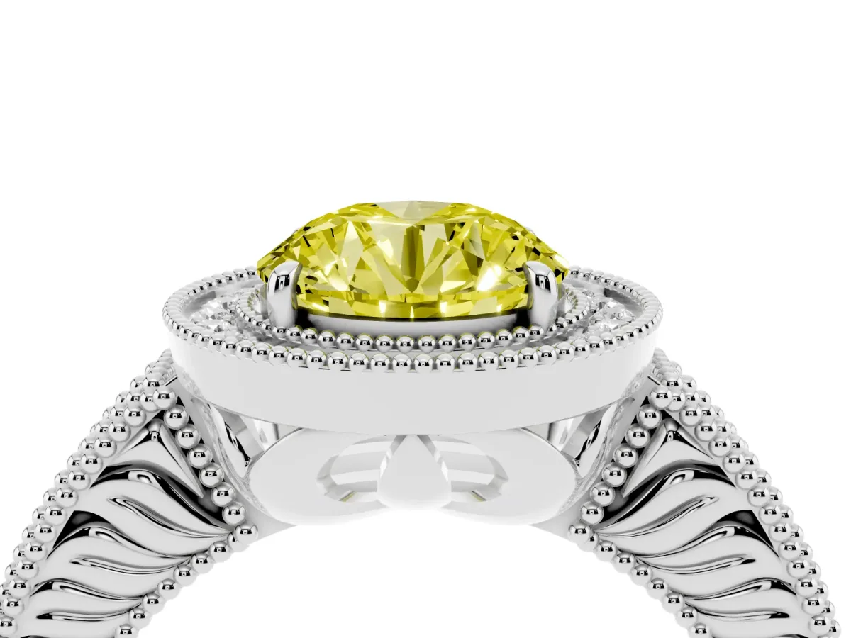 Fancy Yellow Round Cut Cut Halo Diamond Ring with Pavé Band and Four-Prong Setting Silver