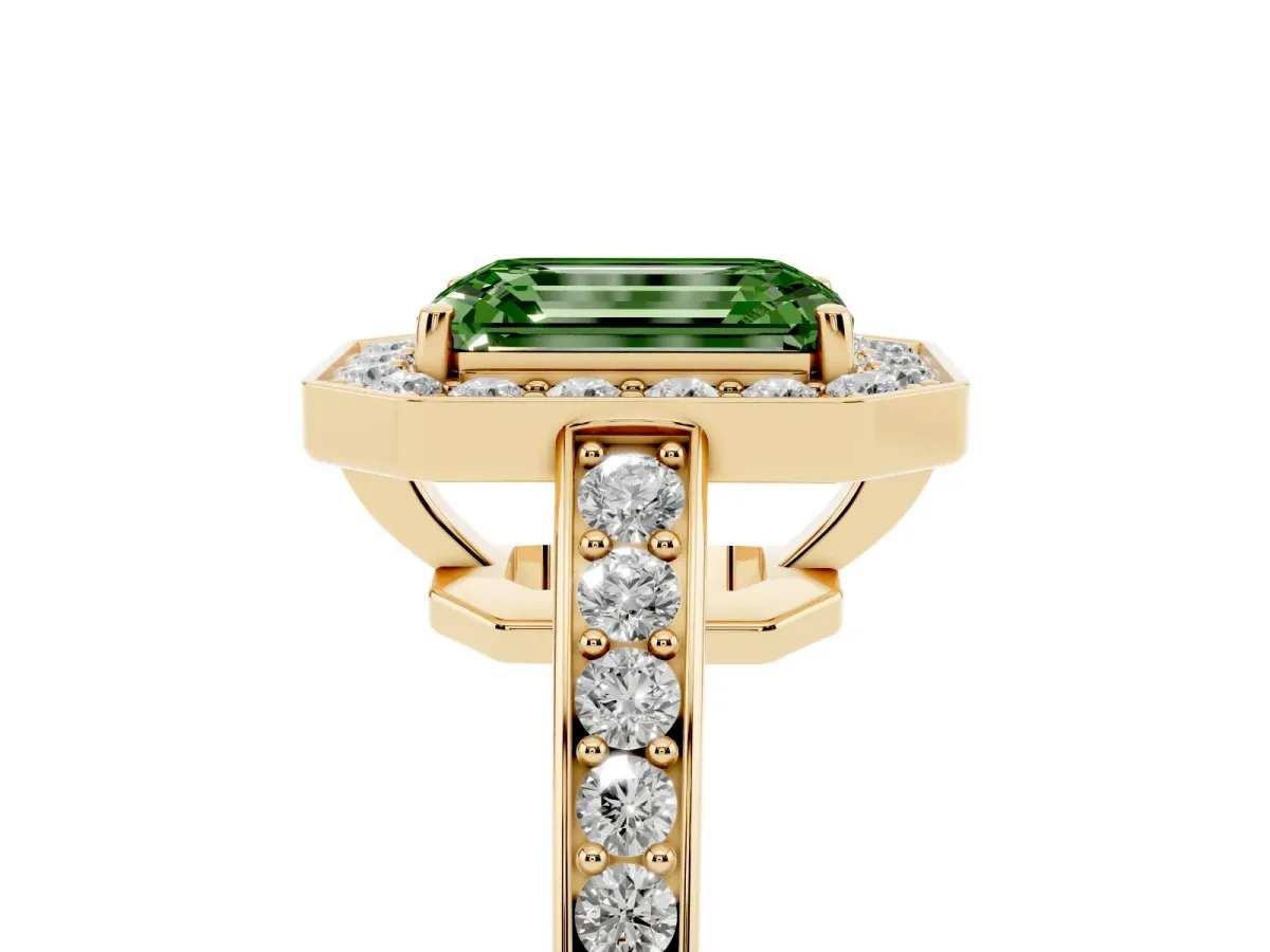Fancy Green Emerald Cut Halo Pavé Diamond Engagement Ring with Bezel Setting Yellow gold