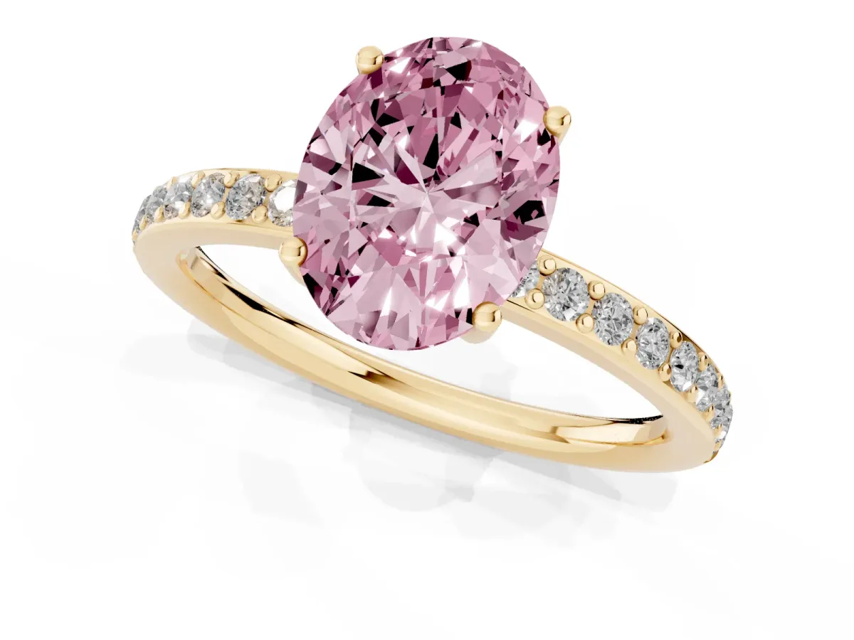 Fancy Pink Oval Cut Cut Diamond Pavé Band Ring with Four-Prong Setting Yellow gold