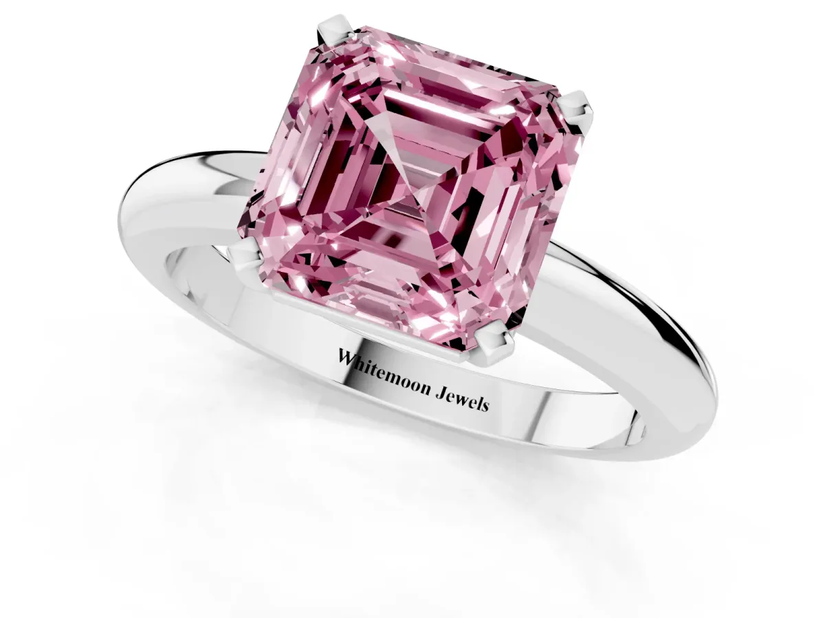 Fancy Pink Asscher Cut Diamond Solitaire Engagement Ring with Round Band and Four-Prong Setting Platinum