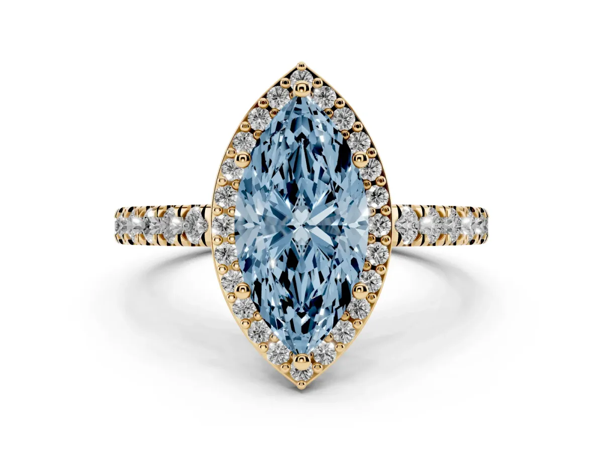 Fancy Blue Marquise Cut Cut Halo Diamond Engagement Ring with Pave Band and Four-Prong Setting Yellow gold