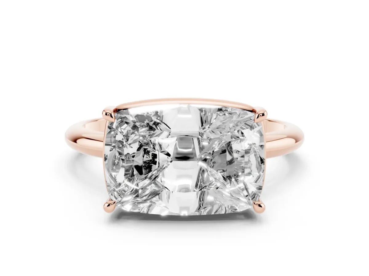 Old Mine Elongated Cushion Diamond East-West Bezel Set Four Claw Solitaire Ring Rose gold