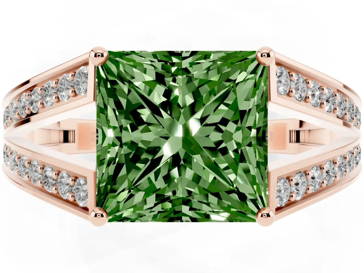 Fancy Green Princess Cut Diamond Split Shank Ring with Pavé Band and Four-Prong Setting Rose gold