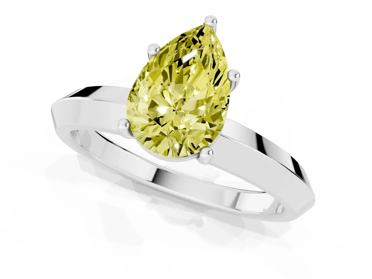 Fancy Yellow Pear Cut Cut Solitaire Engagement Ring with Flat Band and Four-Prong Setting Silver