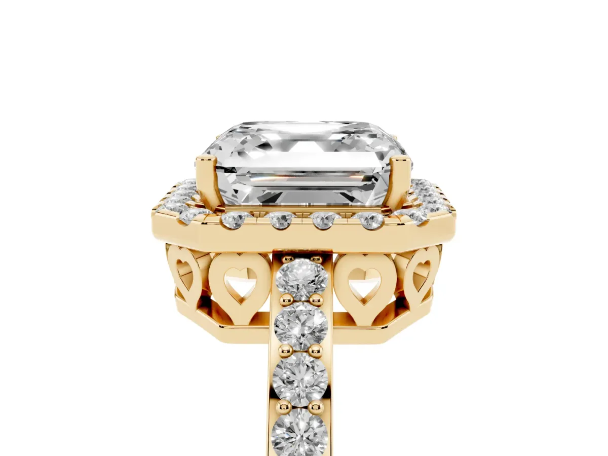 Asscher Cut Halo Diamond Pavé Band Ring with Prong Setting Yellow gold