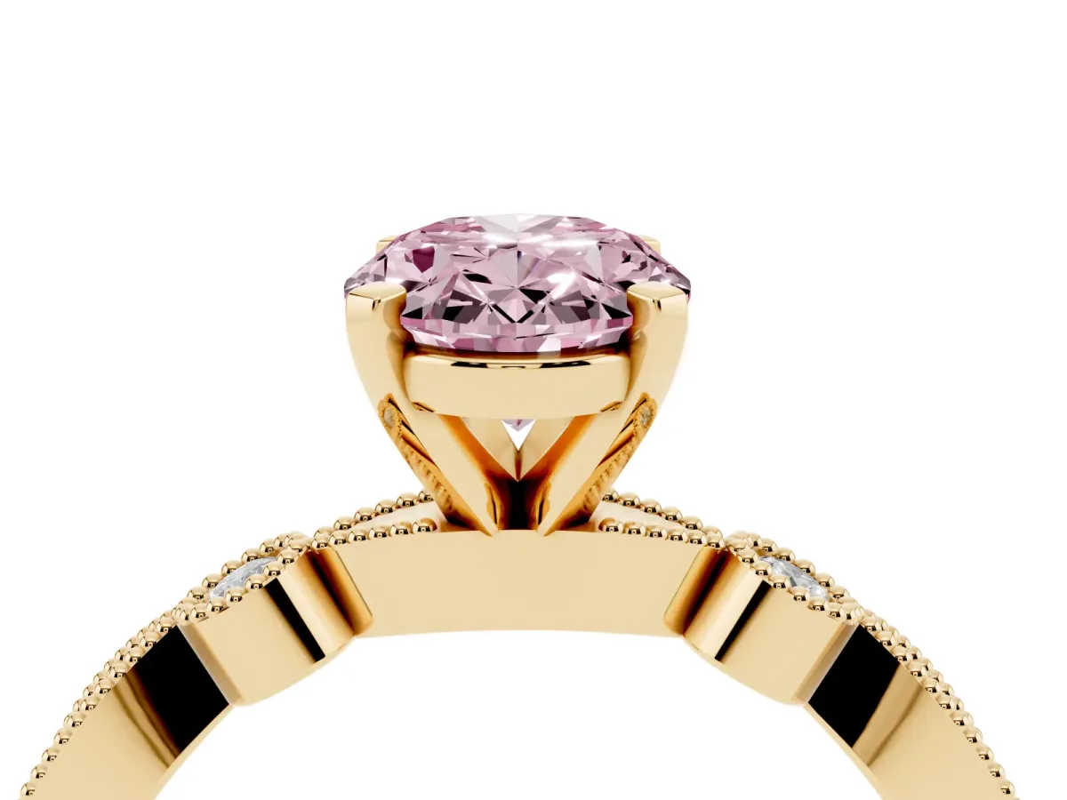 Fancy Pink Oval Cut Milgrain Bezel Diamond Engagement Ring with Solitaire Prong Setting Yellow gold