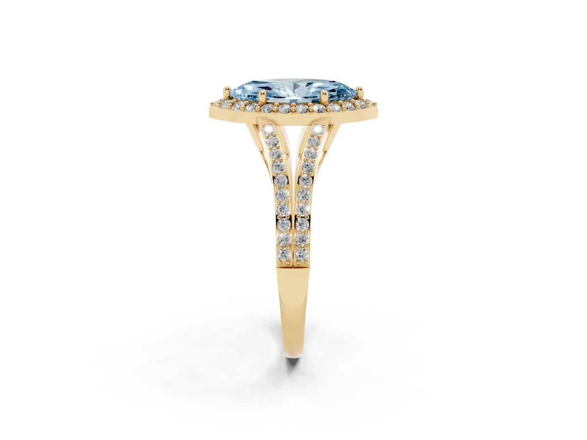 Fancy Blue Marquise Cut Halo Split Shank Pave Diamond Ring with Four-Prong Setting Yellow gold