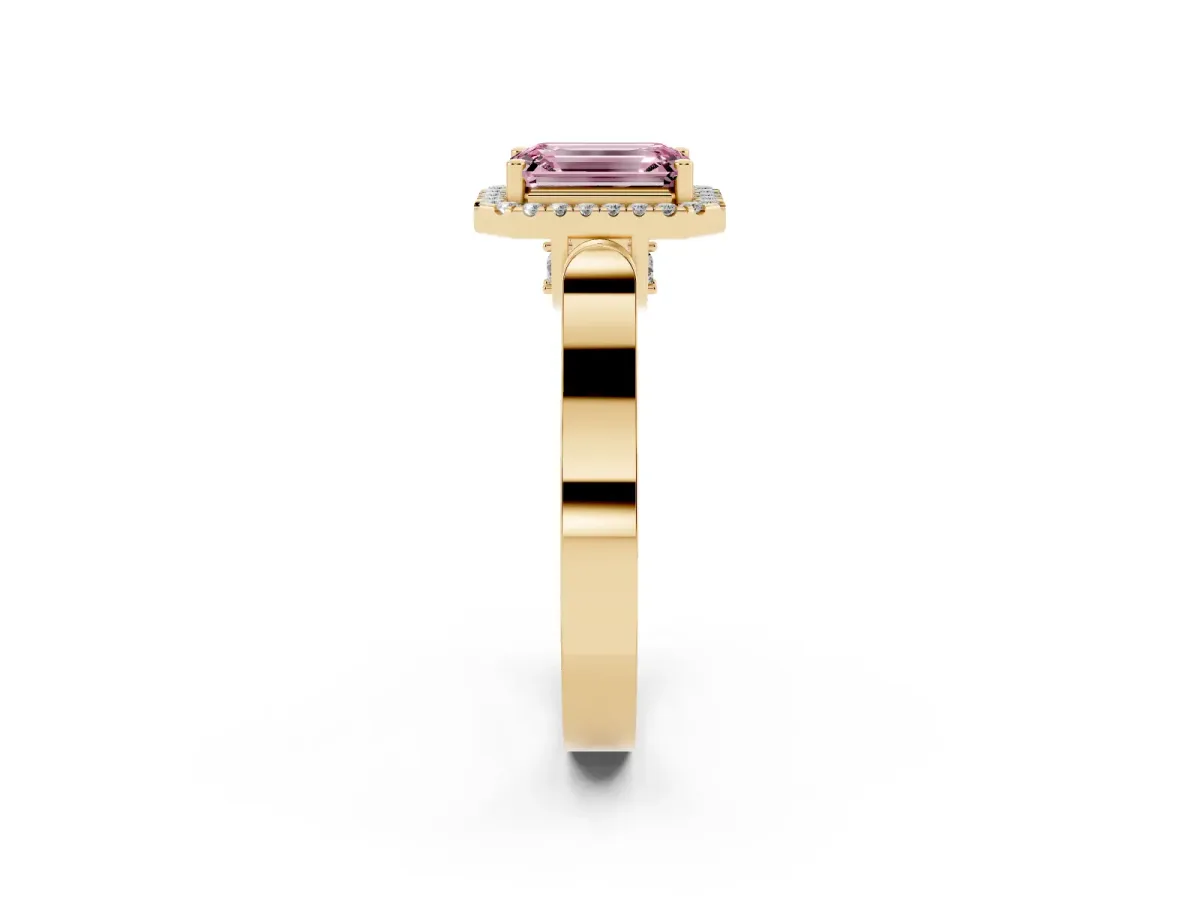 Fancy Pink Emerald Cut Halo Pave Split Shank Prong Setting Ring Yellow gold