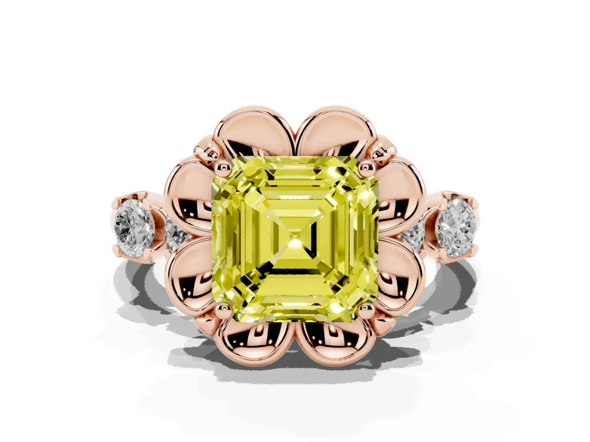 Fancy Yellow Asscher Cut Cut Diamond Floral Halo Engagement Ring with Shared Prong Setting Rose gold