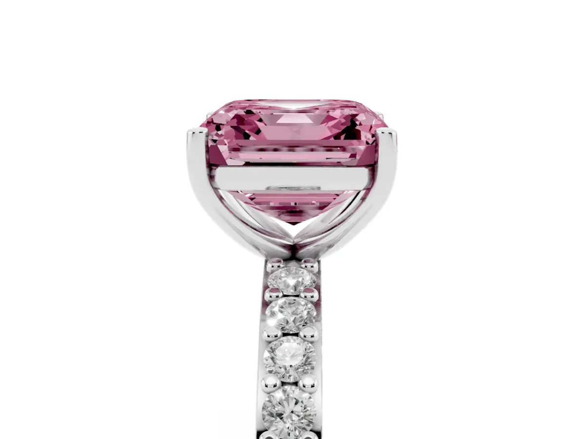 Fancy Pink Asscher Cut Cut Diamond Solitaire with Pave Band and Four-Prong Setting Platinum