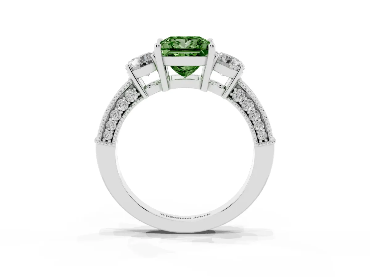 Fancy Green Princess Cut Three-Stone Diamond Ring with Pavé Band and Four-Prong Setting Silver