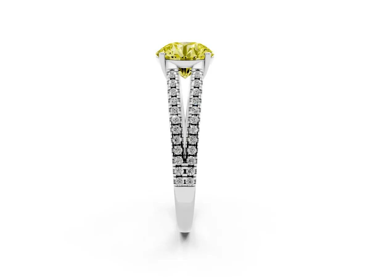 Fancy Yellow Round Cut Diamond Solitaire Engagement Ring with Split Shank Pavé Band Silver