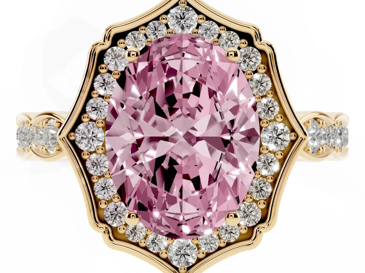 Fancy Pink Oval Cut Halo Diamond Engagement Ring with Milgrain Band and Four-Prong Setting Yellow gold