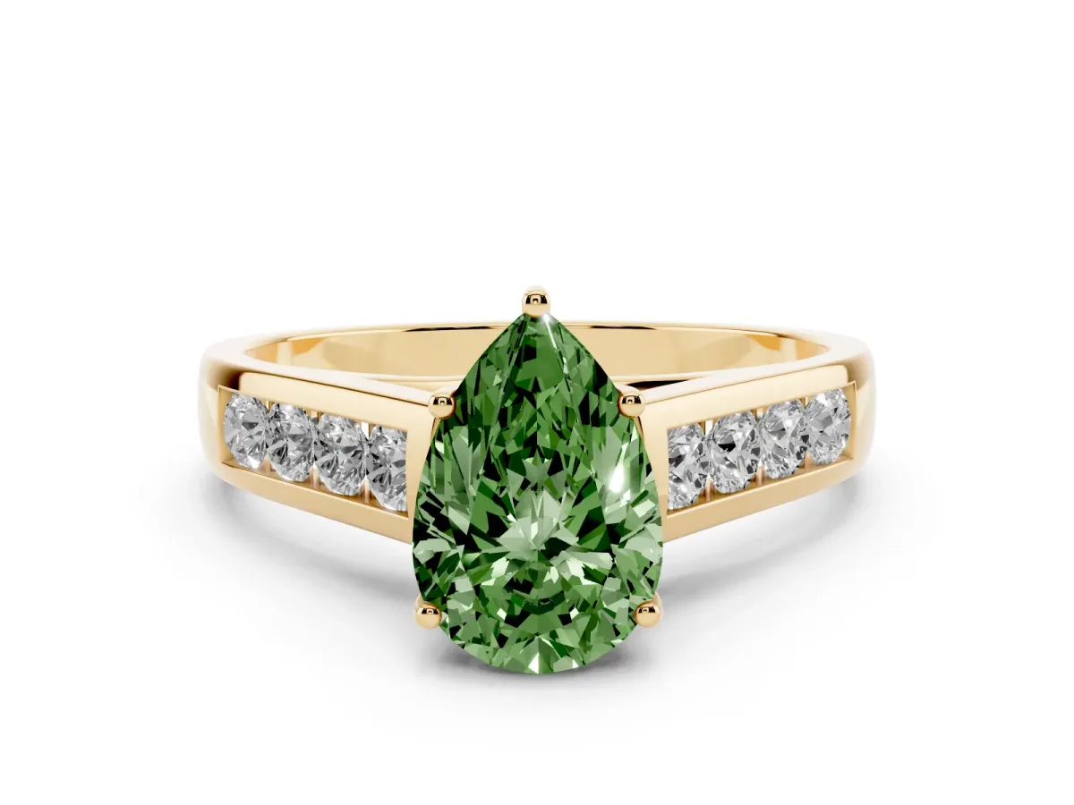 Fancy Green Pear Cut Brilliant Channel-Set Solitaire Ring with Four-Prong Setting Yellow gold