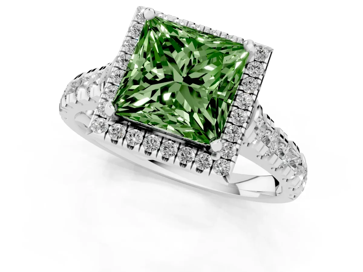 Fancy Green Princess Cut Halo Pavé Diamond Engagement Ring with Four-Prong Setting Platinum
