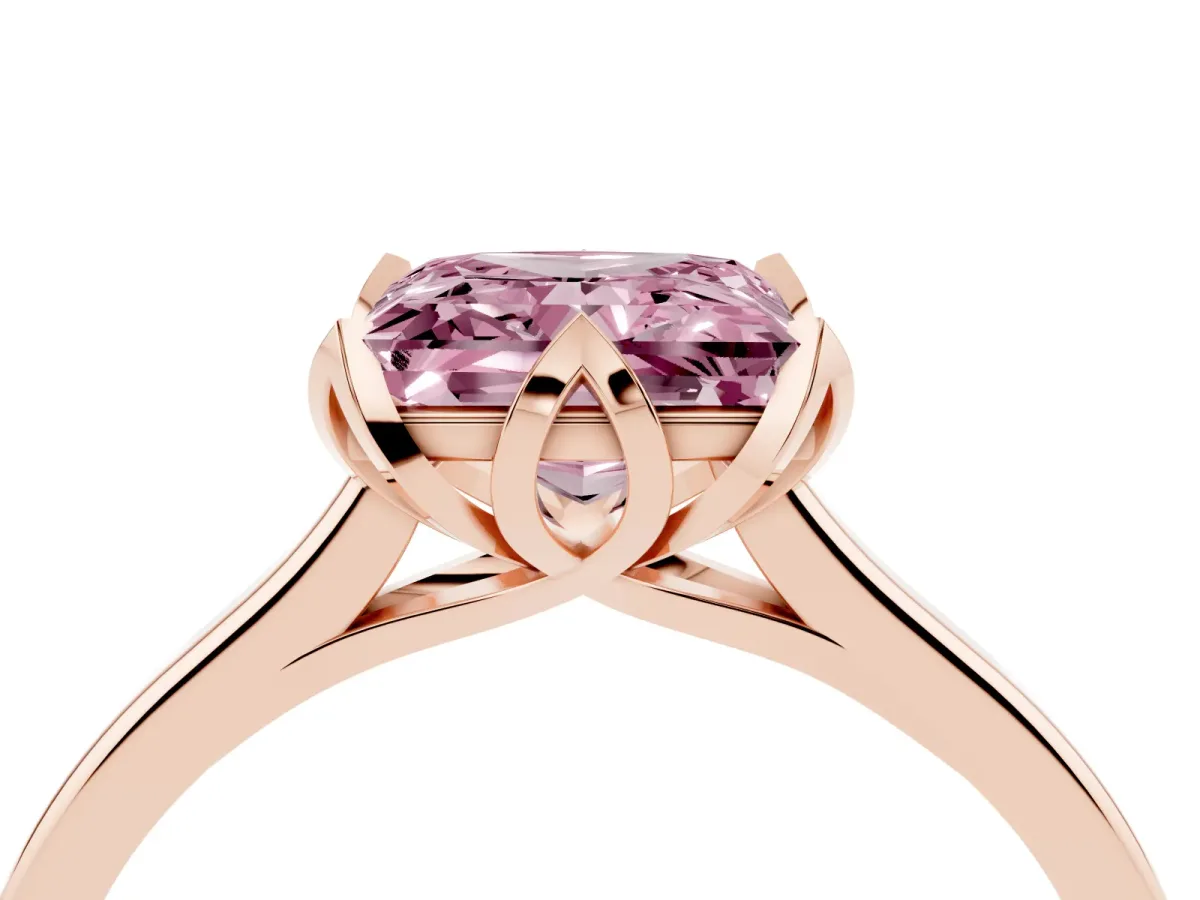 Fancy Pink Princess Cut Diamond Solitaire Ring with Flower Prong Setting and Classic Band Rose gold