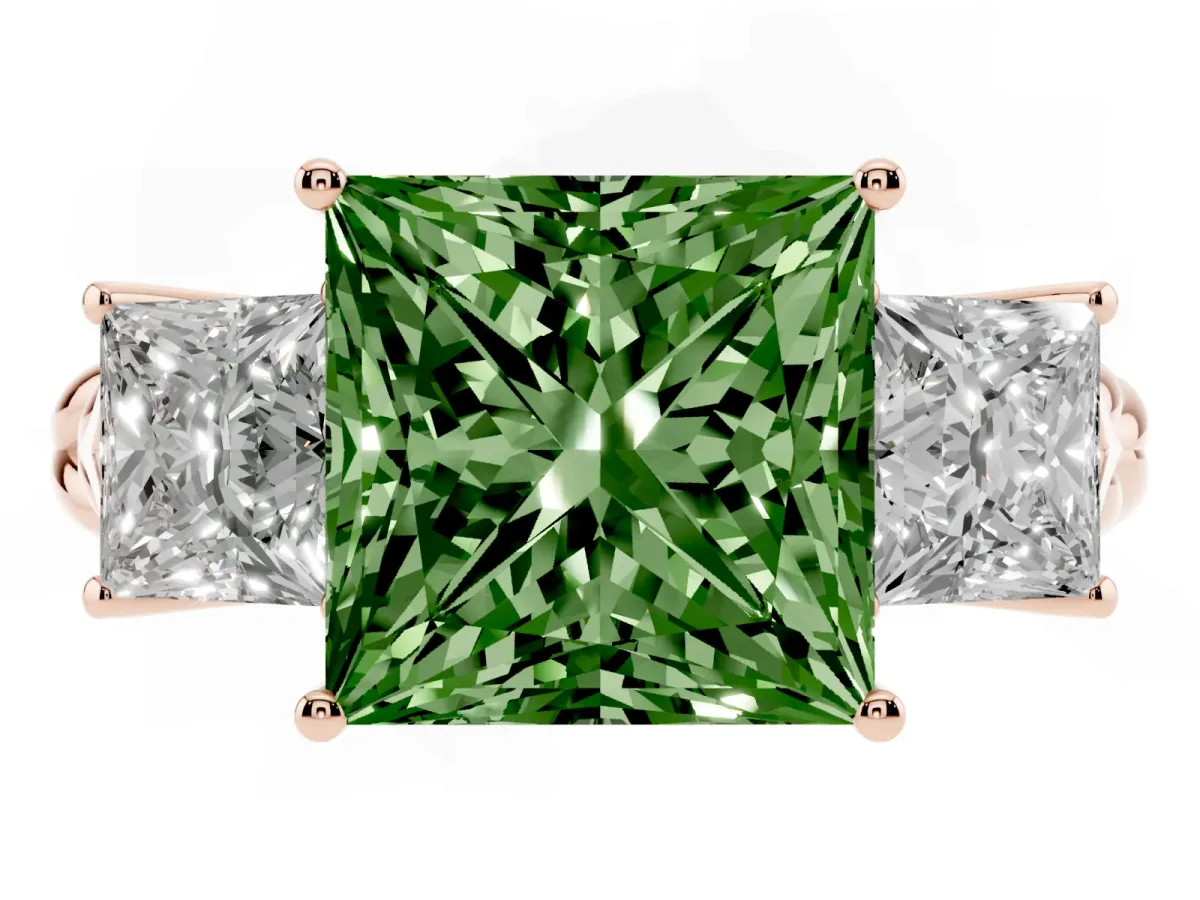 Fancy Green Three-Stone Princess Cut Diamond Braided Band Ring with Four-Prong Setting Rose gold