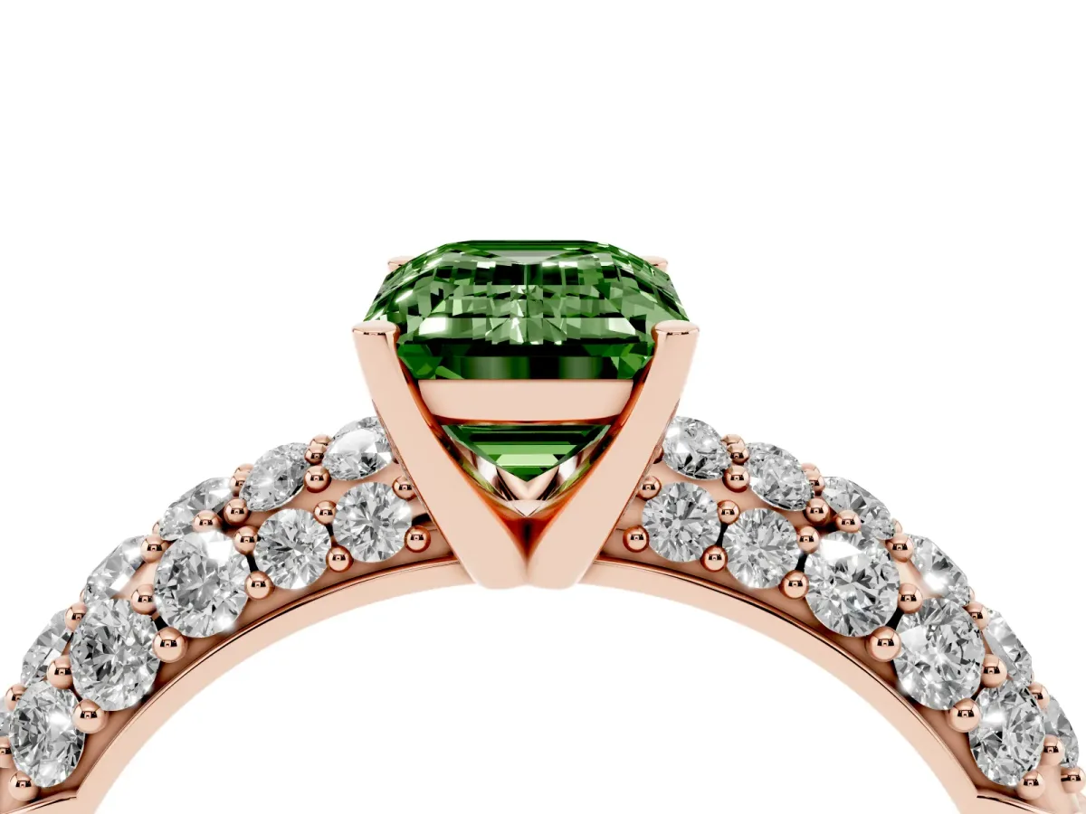 Fancy Green Emerald Cut Diamond Pavé Band Solitaire Ring with Four-Prong Setting Rose gold