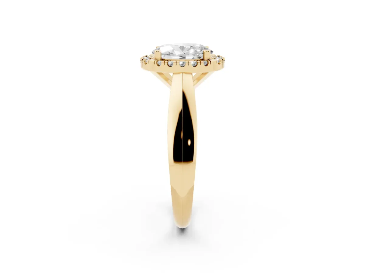 Oval Cut Cut Halo Solitaire Engagement Ring with Square Band and Four-Prong Setting Yellow gold