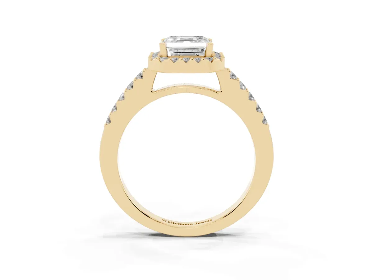 Asscher Cut Halo Diamond Pavé Solitaire Ring Yellow gold