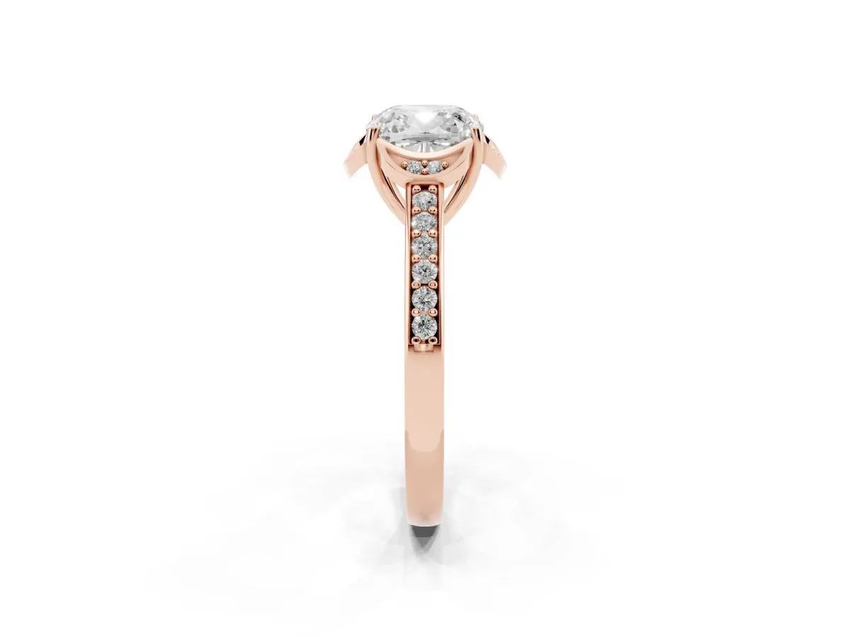 Cushion Cut Cut Halo Diamond Ring with Channel Set Band and Four-Prong Setting Rose gold