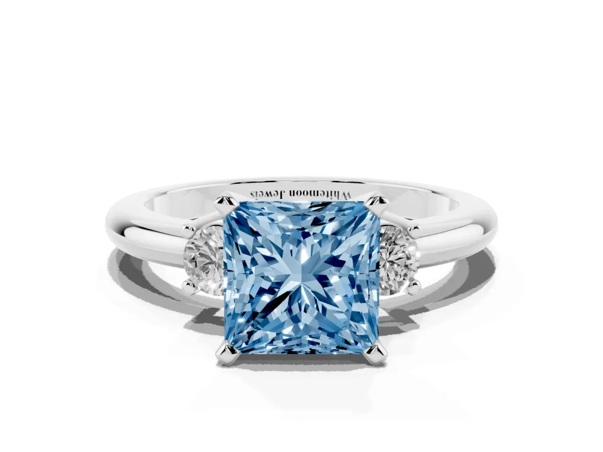 Fancy Blue Three-Stone Princess Cut Cut Diamond Solitaire with Prong Setting and Classic Band Platinum
