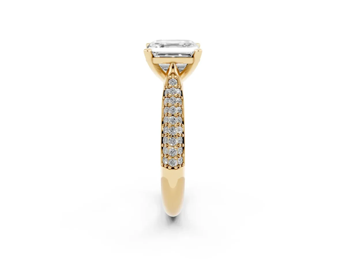Asscher Cut Diamond Solitaire Engagement Ring with Multi-Row Round Pavé Band and Prong Setting Yellow gold