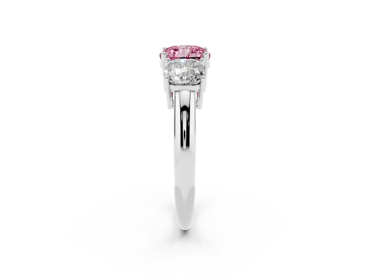 Fancy Pink Three-Stone Cushion Cut Cut Diamond Engagement Ring with Prong Setting on a White Gold Band Platinum