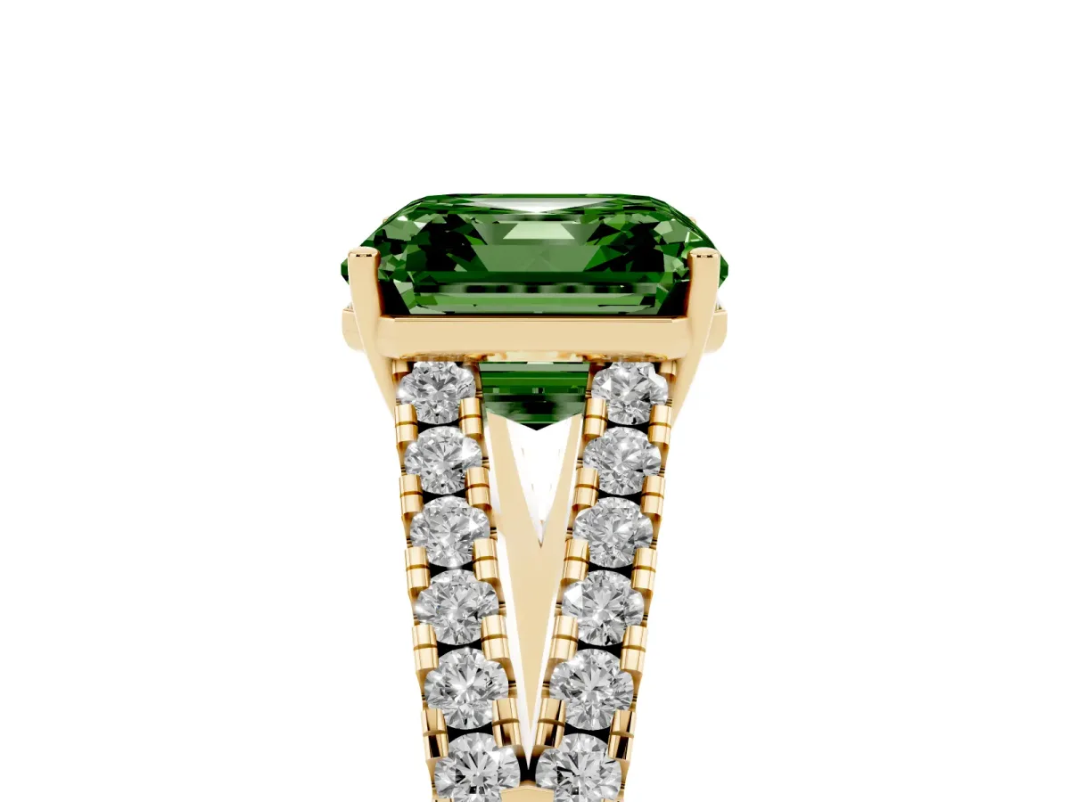 Fancy Green Asscher Cut Diamond Split Shank Engagement Ring with Round Pavé and Prong Setting Yellow gold