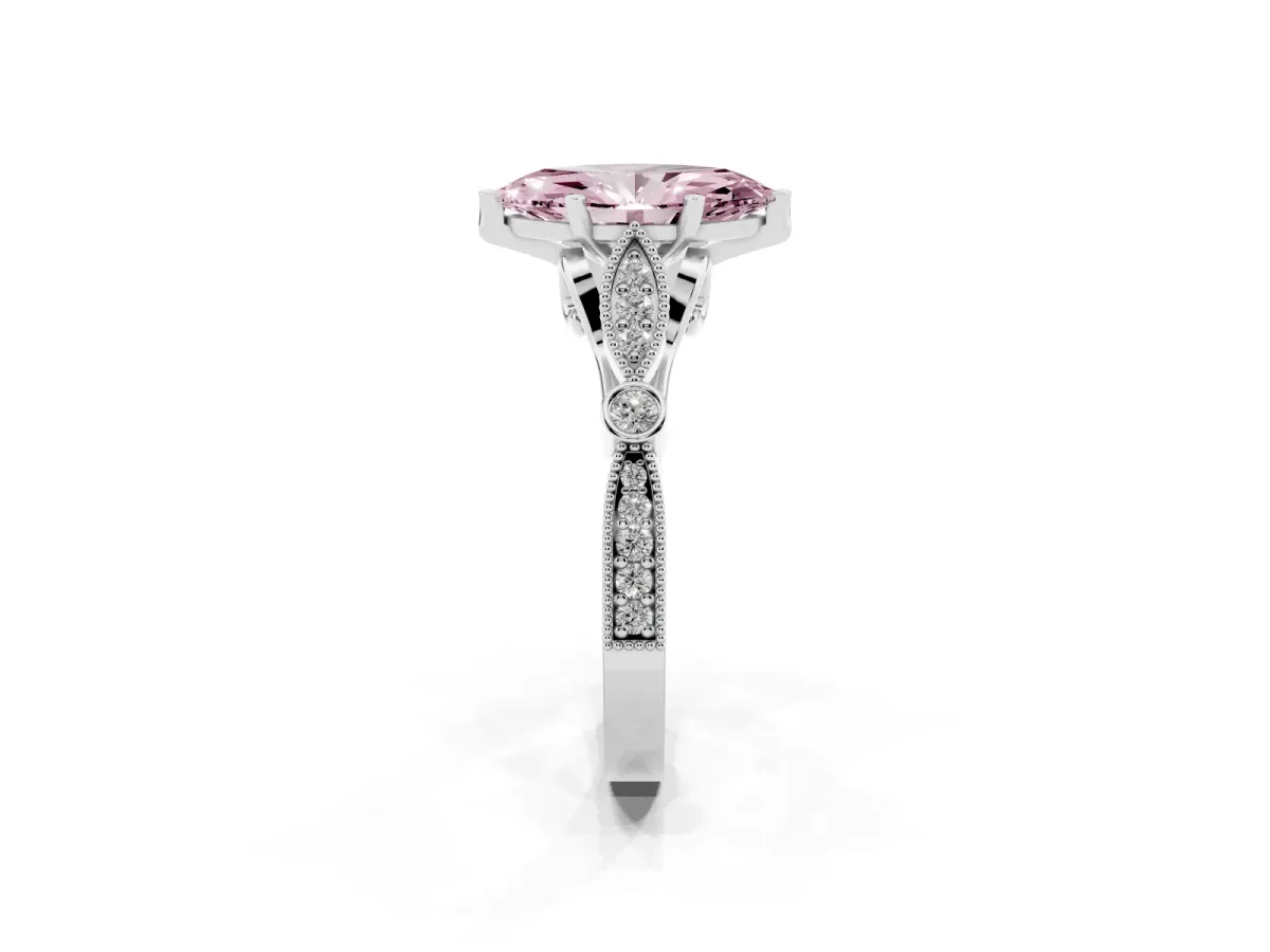 Fancy Pink Marquise Cut Cut Diamond with Milgrain Marquise and Bezel Accents on a Solitaire Band with Prong Setting Silver