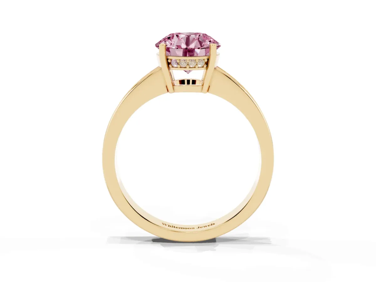 Fancy Pink Round Cut Solitaire Pavé Band Prong Setting Ring Yellow gold