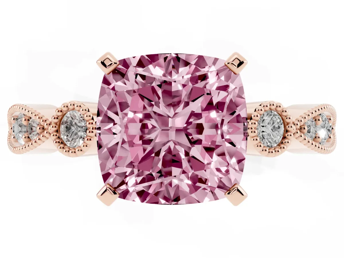 Fancy Pink Cushion Cut Milgrain Bezel Diamond Engagement Ring with Solitaire Prong Setting Rose gold