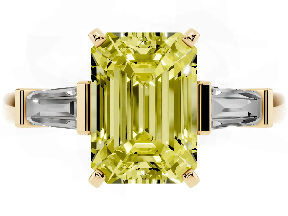 Fancy Yellow Emerald Cut Cut Diamond Solitaire Ring with Tapered Baguette Accents and Four-Prong Setting Yellow gold