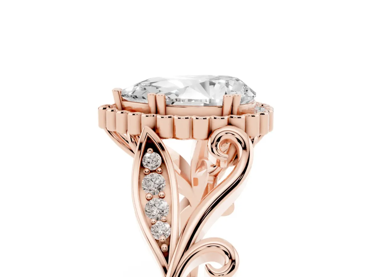 Pear Cut Diamond Halo Ring with Vintage Split Shank and Four-Prong Setting Rose gold