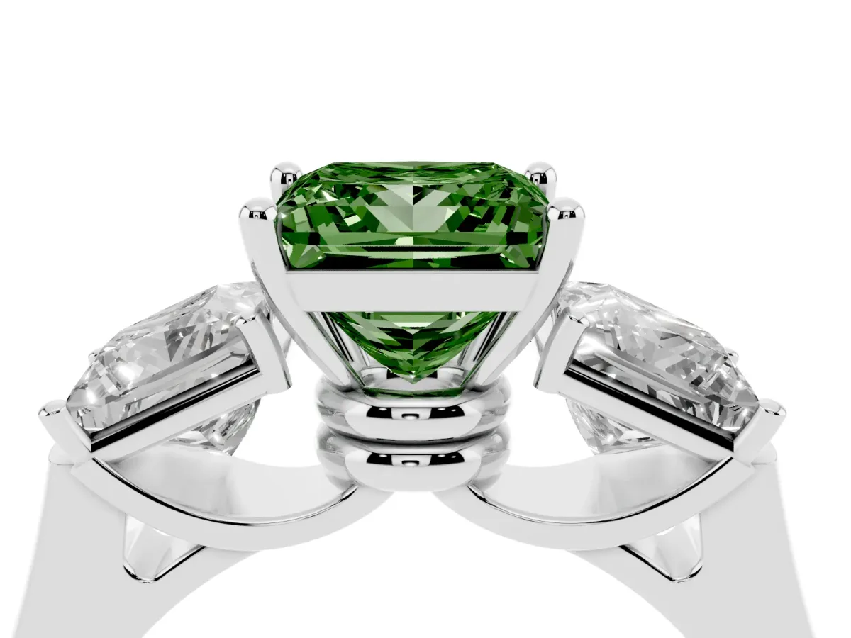 Fancy Green Three-Stone Princess Cut Brilliant Diamond Trellis Ring with Comfort Fit Band White gold