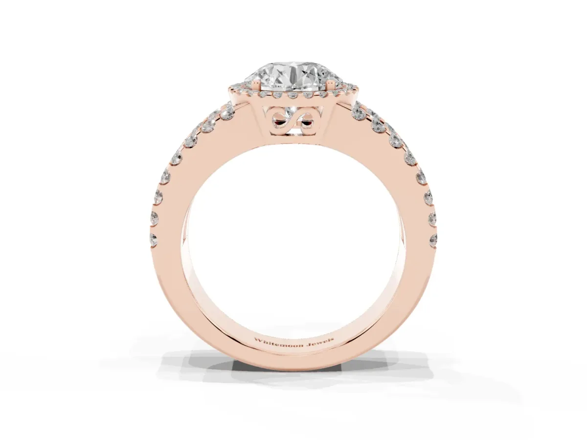 Round Cut Cut Halo Split Shank Diamond Ring with Four-Prong Setting Rose gold