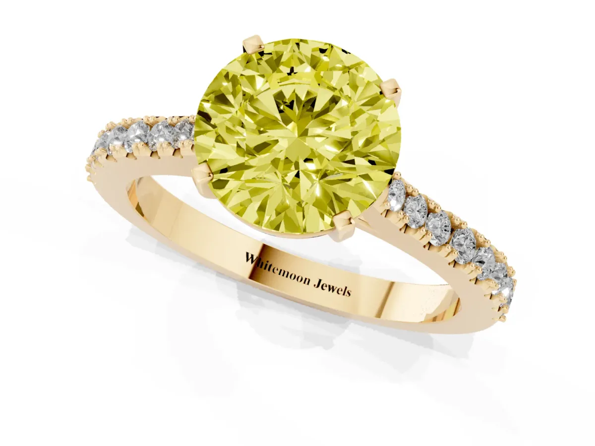 Fancy Yellow Round Cut Cut Solitaire Diamond Engagement Ring with Pave Band and Four-Prong Setting Yellow gold