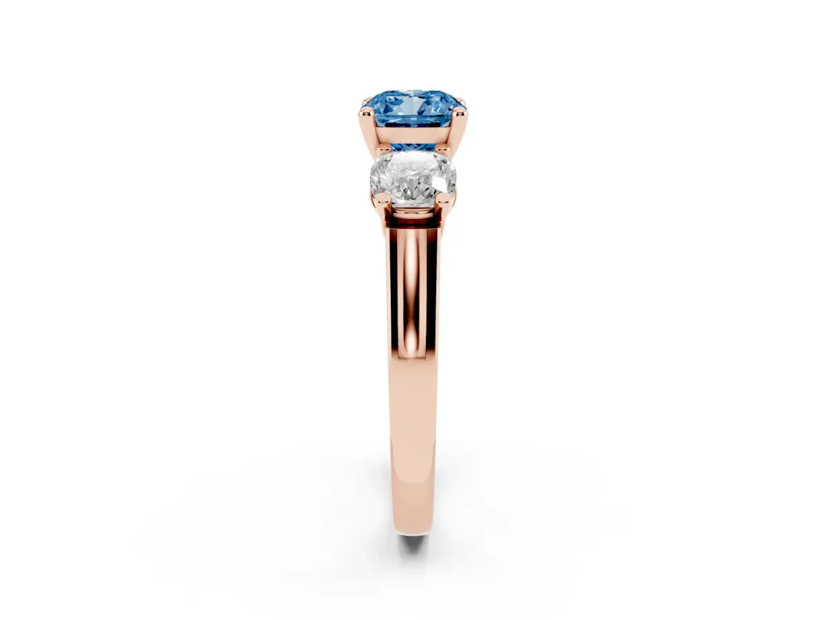 Fancy Blue Three-Stone Cushion Cut Brilliant Diamond Trellis Ring with Comfort Fit Band Rose gold