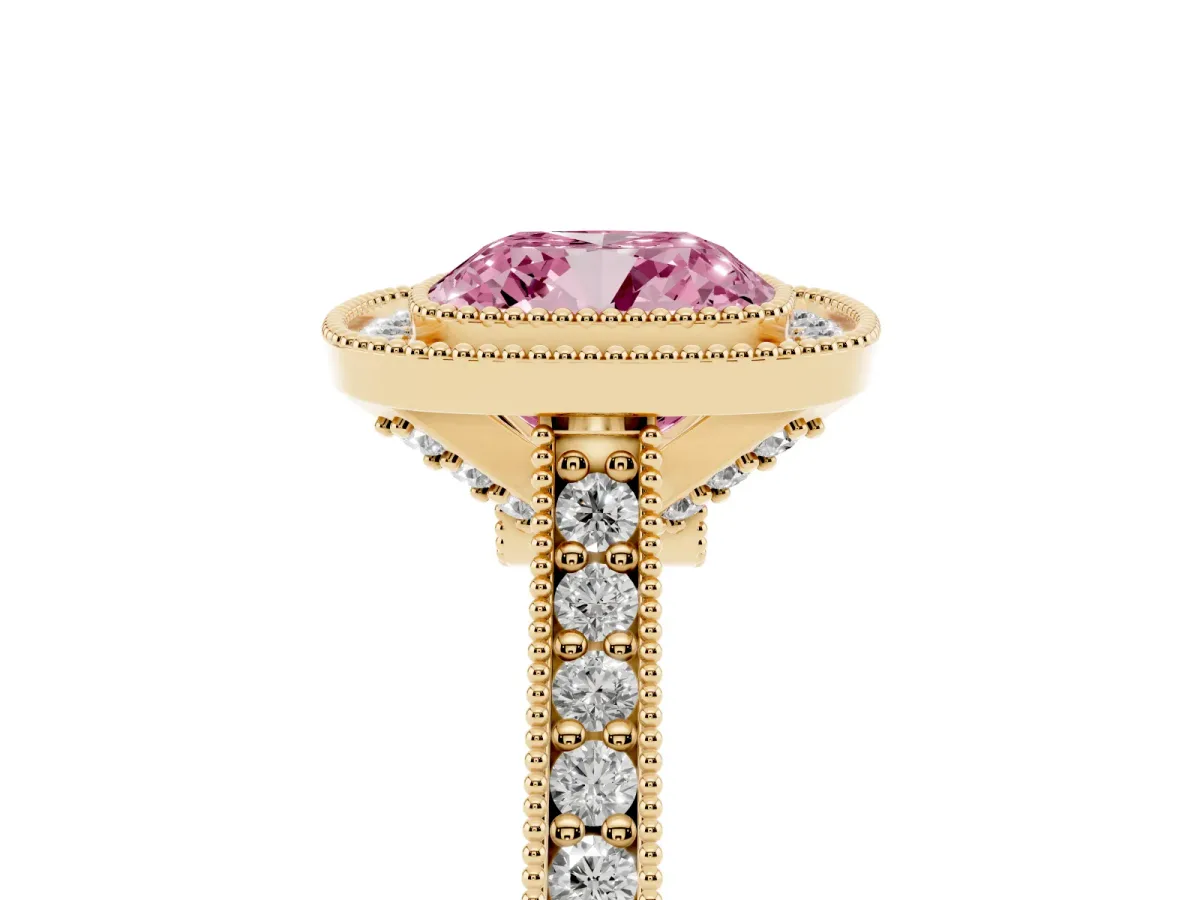 Fancy Pink Halo Cushion Cut-Cut Diamond Pave Band Milgrain Prong Setting Ring Yellow gold
