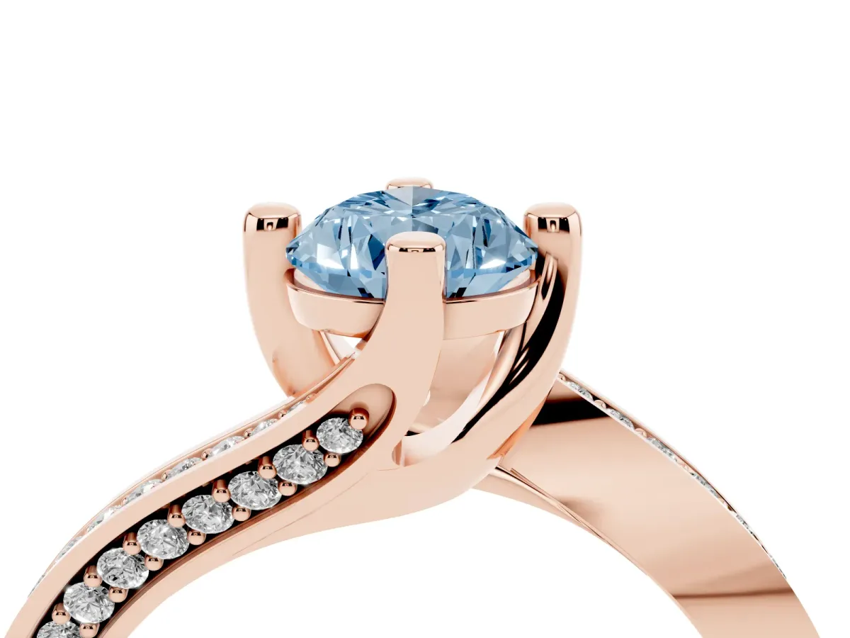 Fancy Blue Pear Cut Solitaire Diamond Twist Band with Pavé Setting and Four-Prong Setting Rose gold