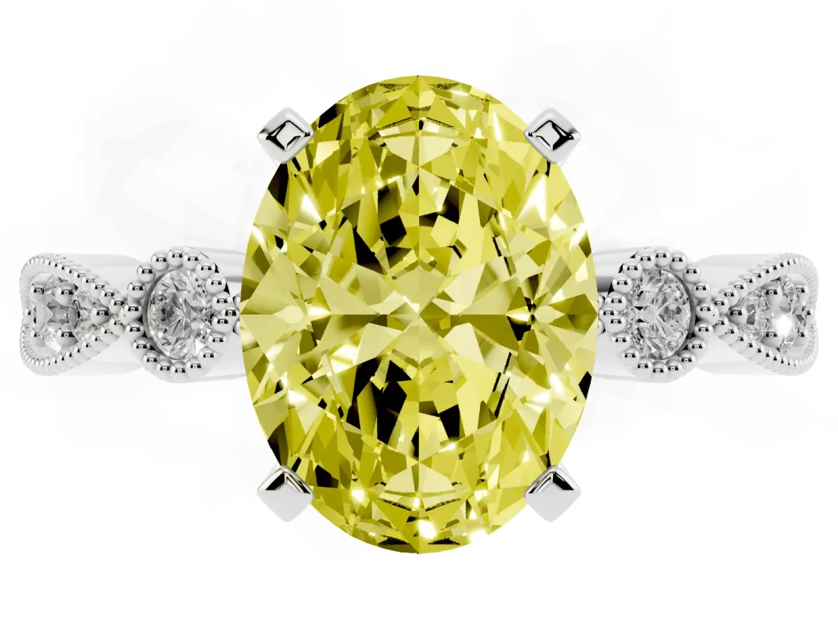Fancy Yellow Oval Cut Milgrain Bezel Diamond Engagement Ring with Solitaire Prong Setting Platinum