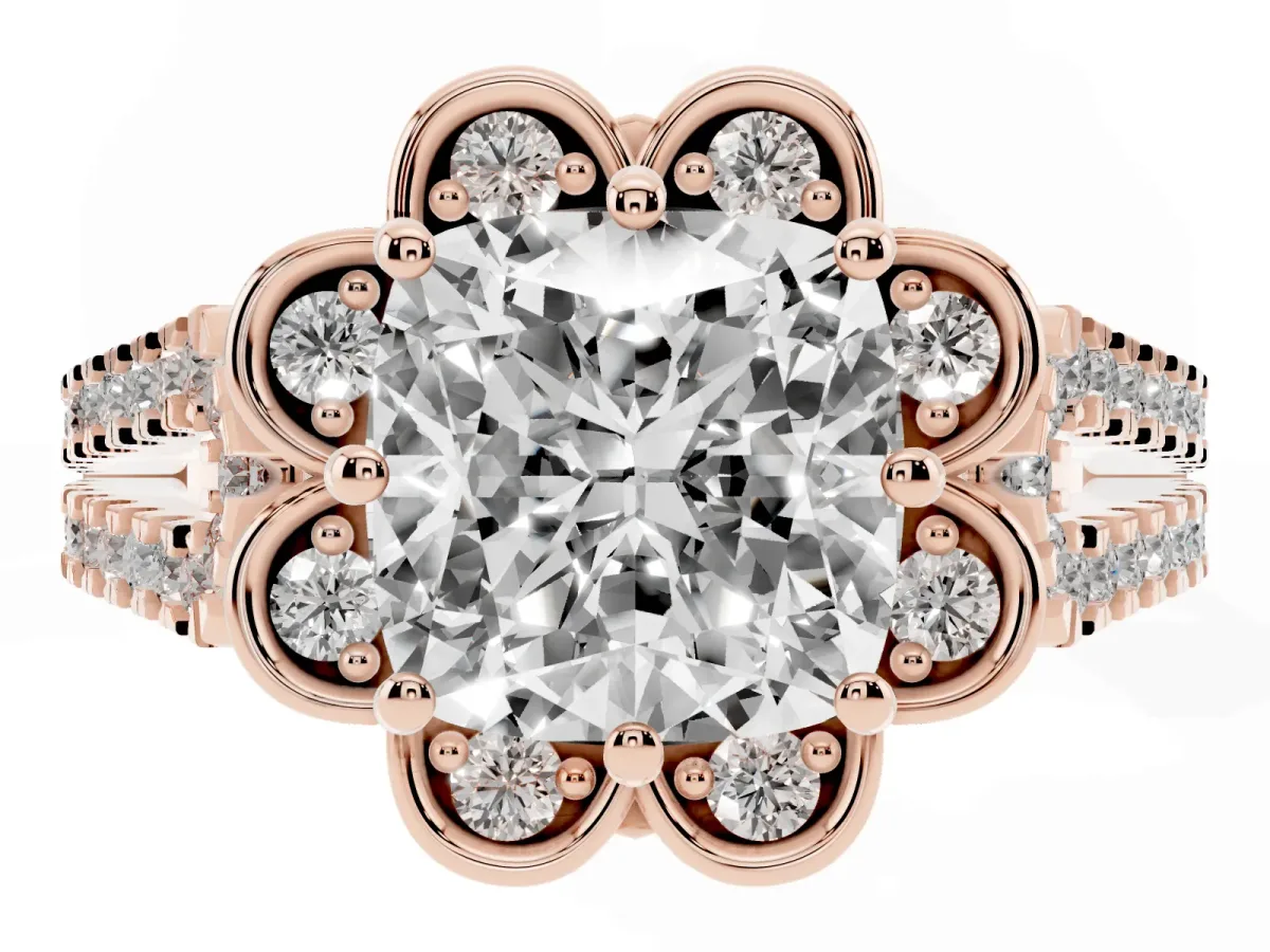 Cushion Cut Halo Diamond Floral Split Shank Engagement Ring Rose gold