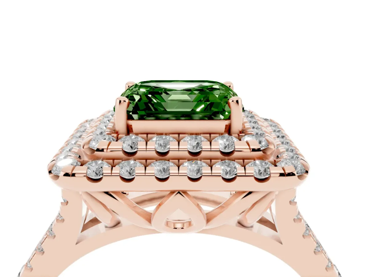 Fancy Green Double Halo Asscher Cut Diamond Pavé Split Shank Ring with Prong Setting Rose gold