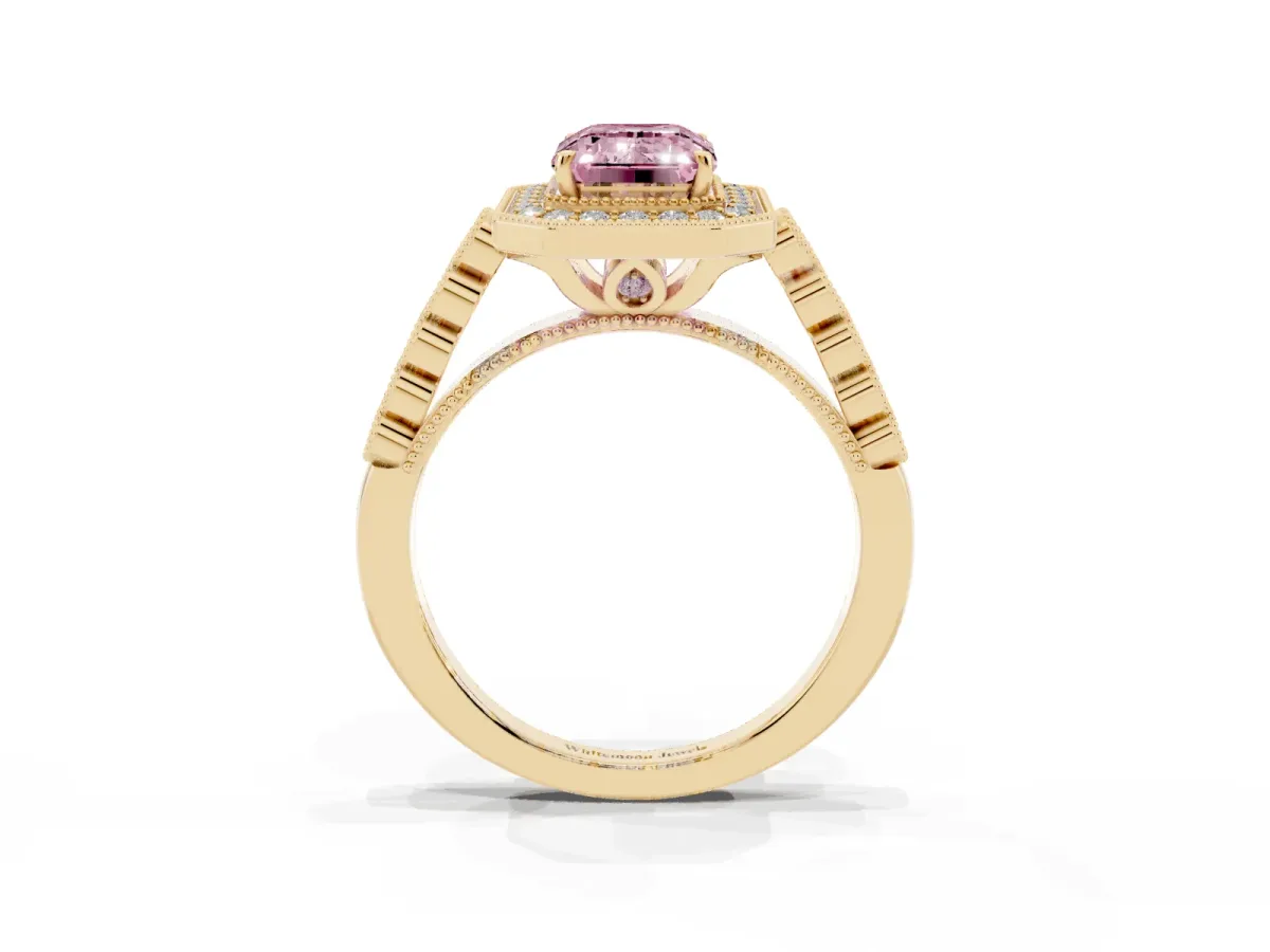 Fancy Pink Emerald Cut Halo Milgrain Solitaire with Bezel Set Side Stones and Pave Band Yellow gold