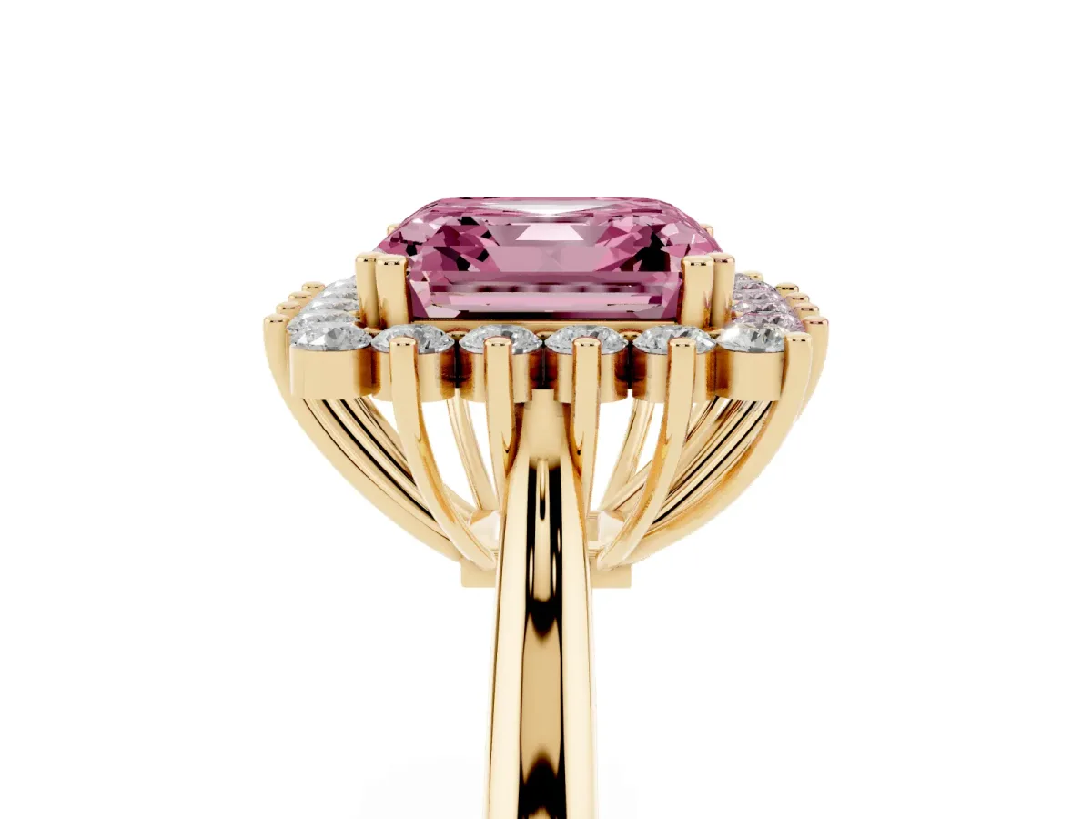 Fancy Pink Asscher Cut Cut Diamond Halo Ring with Solitaire Band and Prong Setting Yellow gold