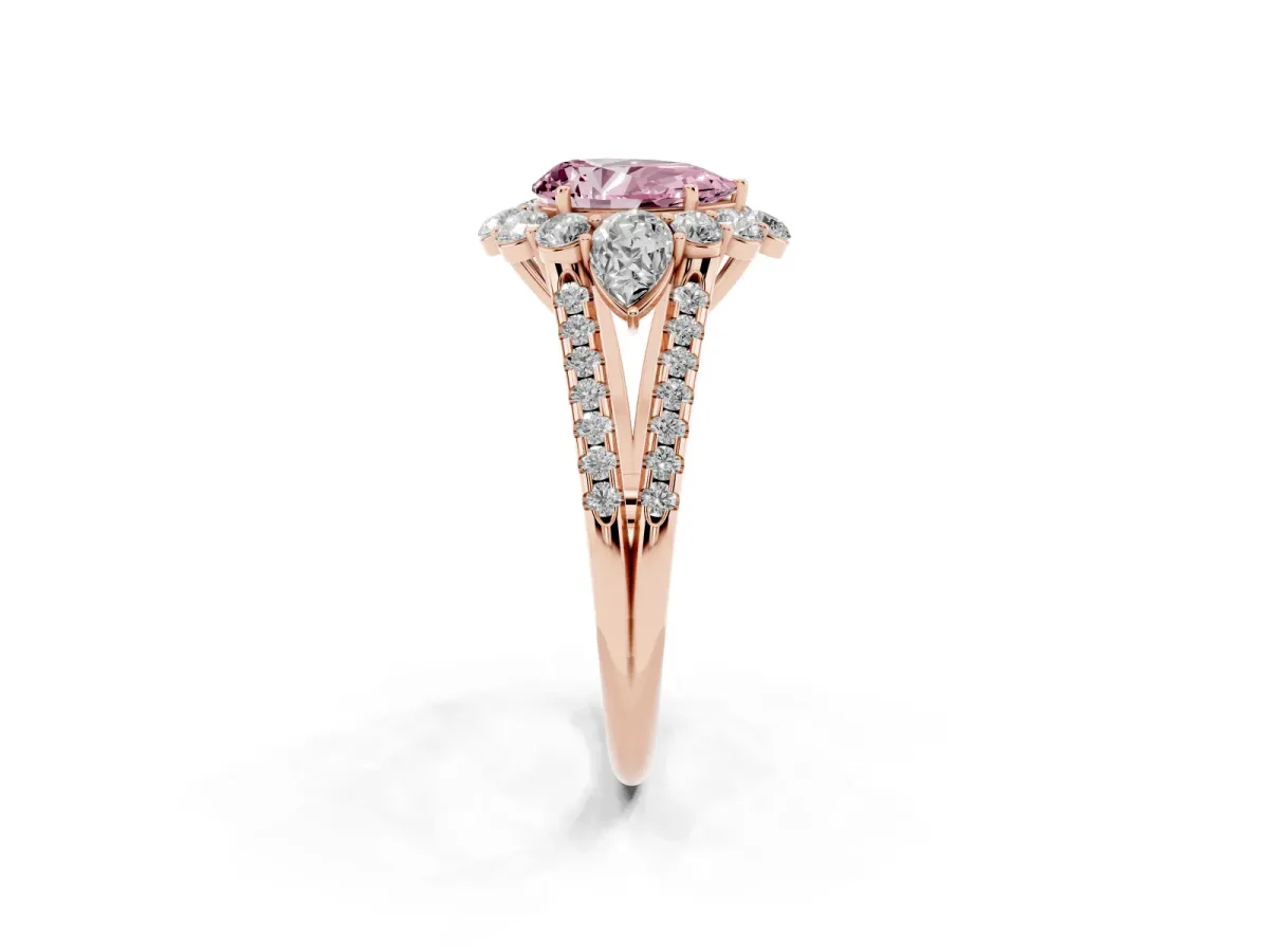 Fancy Pink Pear Cut Halo Split Shank Diamond Engagement Ring with Prong Setting Rose gold