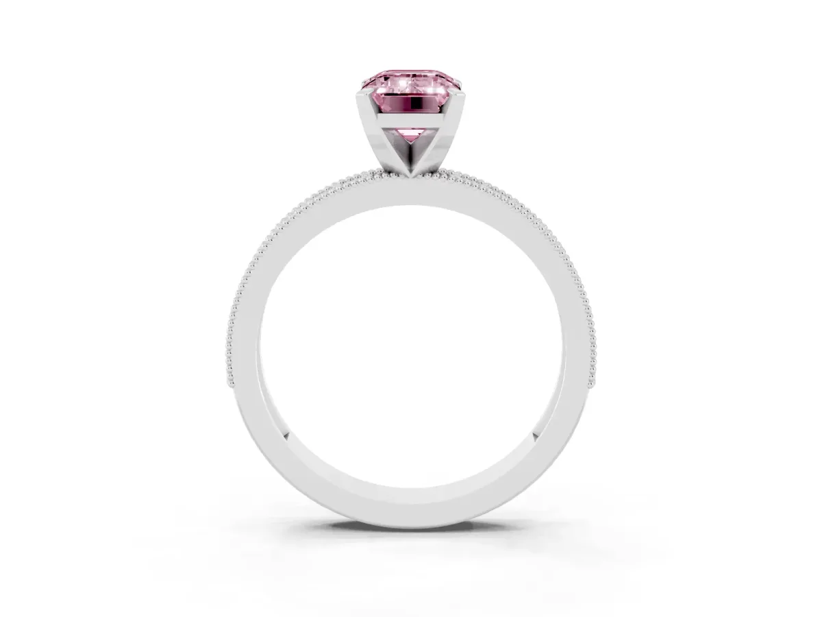 Fancy Pink Emerald Cut Diamond Milgrain Pavé Engagement Ring with Four-Prong Setting Silver