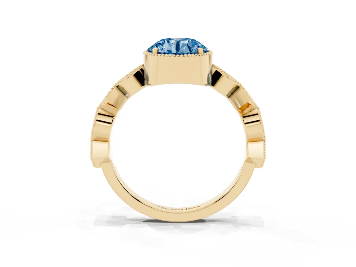 Fancy Blue Round Cut Milgrain Marquise Diamond Twist Band Ring Yellow gold