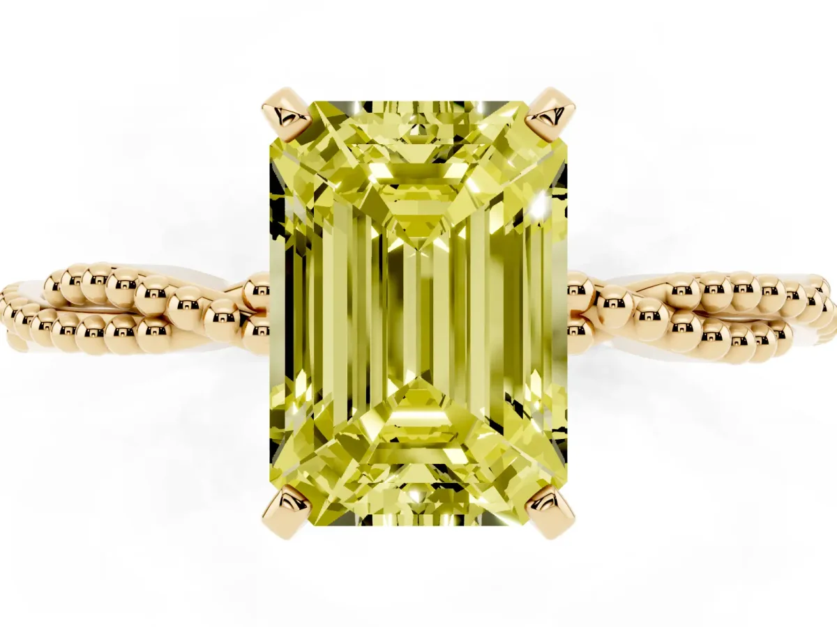 Fancy Yellow Emerald Cut Solitaire Twisted Band with Bead Prong Setting Yellow gold