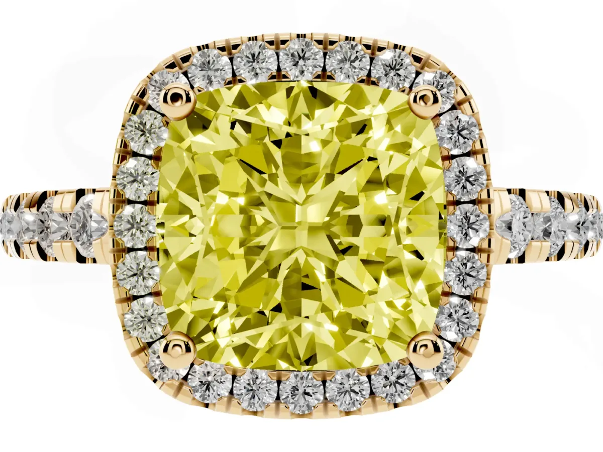Fancy Yellow Cushion Cut Diamond Halo Ring with Pavé Band and Four-Prong Setting Yellow gold